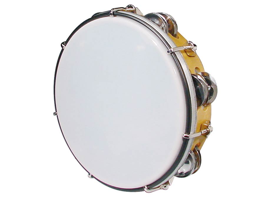 tambourine, plastic drum head, 8", 6 x 2 zils, wood grain plastic, tunable