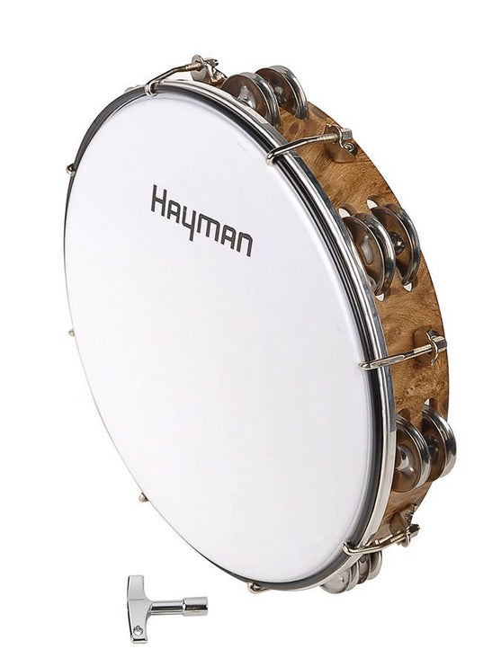 tambourine, plastic drum head, 10", 7 x 2 zils, wood grain plastic, tunable