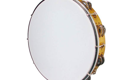 tambourine, plastic drum head, 12", 10 x 2 zils, wood grain plastic, tunable