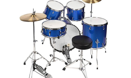 5-piece drum kit, double braced stands, drum throne and cymbals included, black