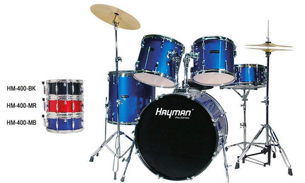 5-piece drum kit, double braced stands, drum throne and cymbals included, metallic blue