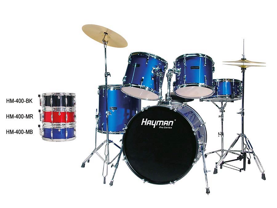 5-piece drum kit, double braced stands, drum throne and cymbals included, metallic blue