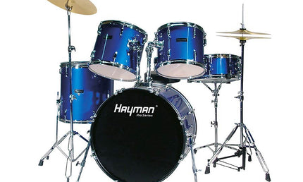 5-piece drum kit, double braced stands, drum throne and cymbals included, metallic blue