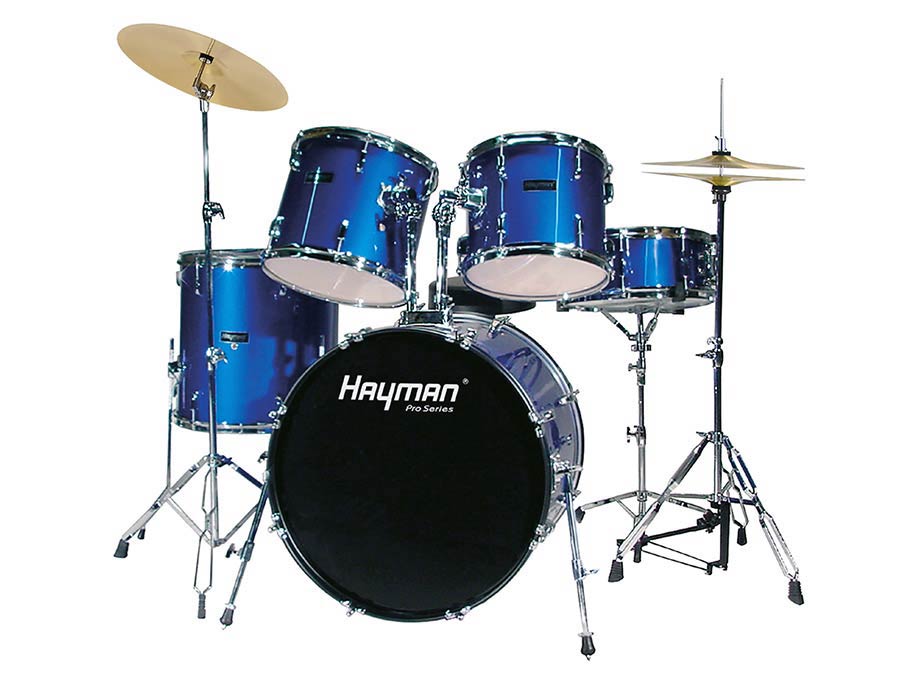 5-piece drum kit, double braced stands, drum throne and cymbals included, metallic blue