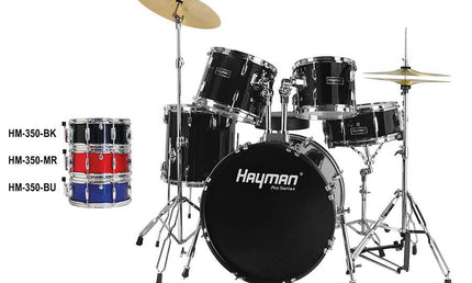 5-piece fusion drum kit, double braced stands, drum throne and cymbals included, black