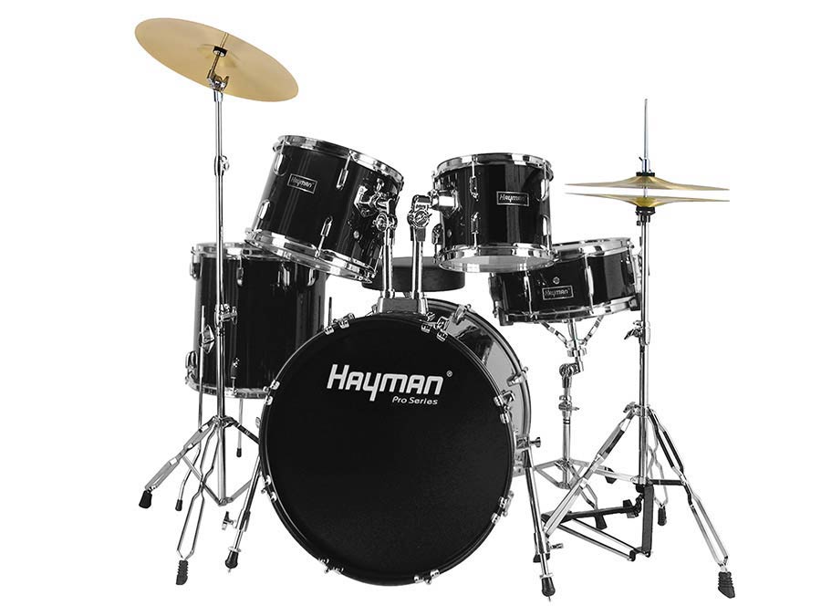 5-piece fusion drum kit, double braced stands, drum throne and cymbals included, black