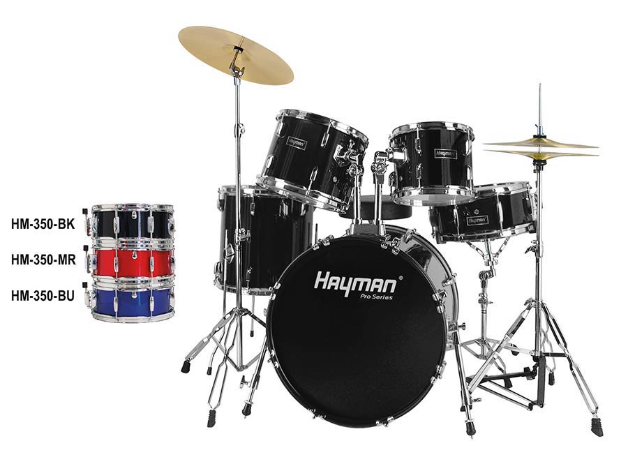 5-piece fusion drum kit, double braced stands, drum throne and cymbals included, metallic red