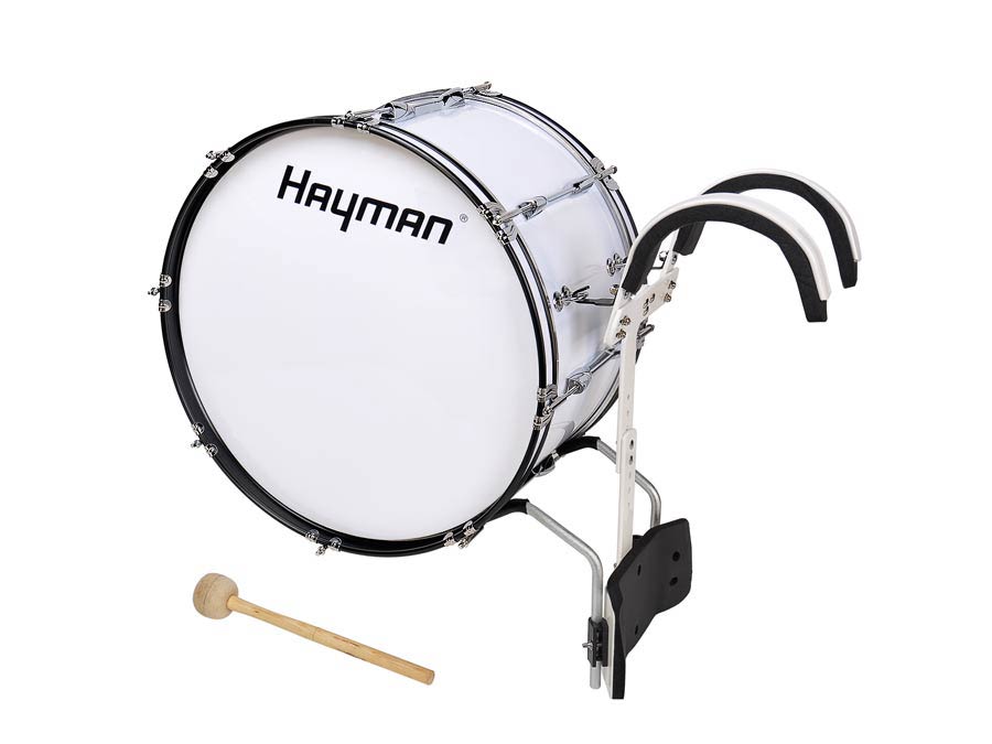 marching bass drum, white, with aluminum harness, 22 inch, 12 inch deep