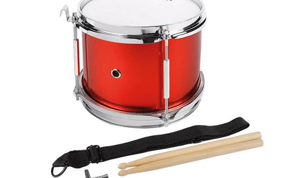 junior snare drum, metallic red, with sticks, belt and hook, 8 inch