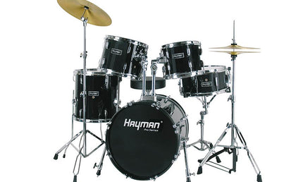 5-piece jazz drum kit, double braced stands, drum throne and cymbals included, black