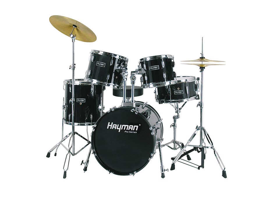 5-piece jazz drum kit, double braced stands, drum throne and cymbals included, black