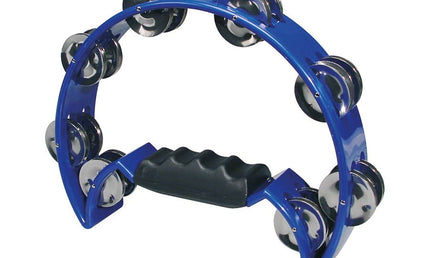 half moon tambourine, no drum head, plastic, blue