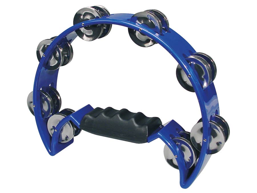 half moon tambourine, no drum head, plastic, blue