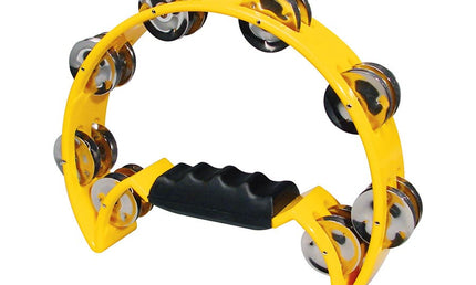 half moon tambourine, no drum head, plastic, yellow