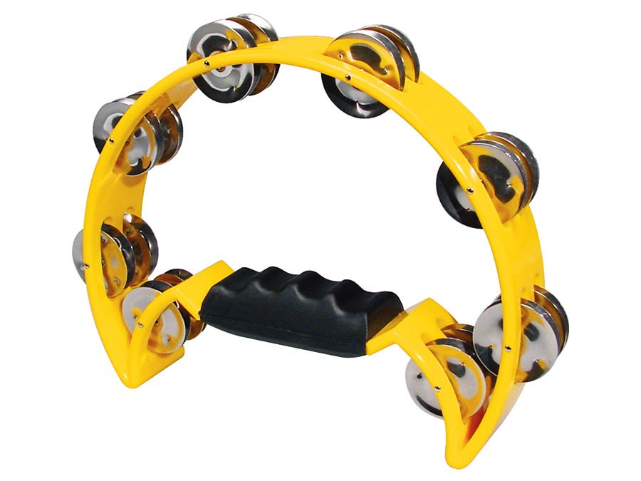 half moon tambourine, no drum head, plastic, yellow