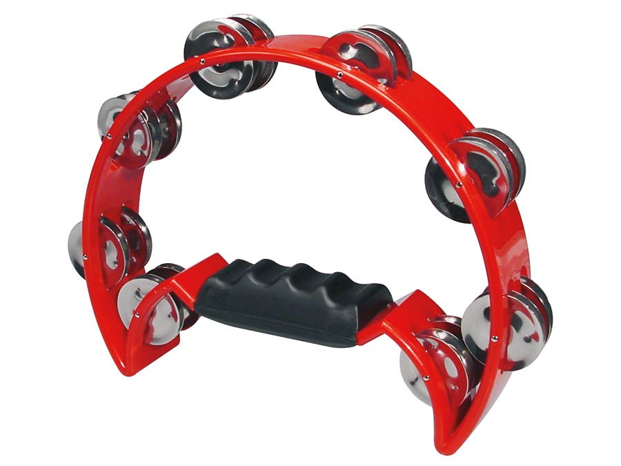 half moon tambourine, no drum head, plastic, red