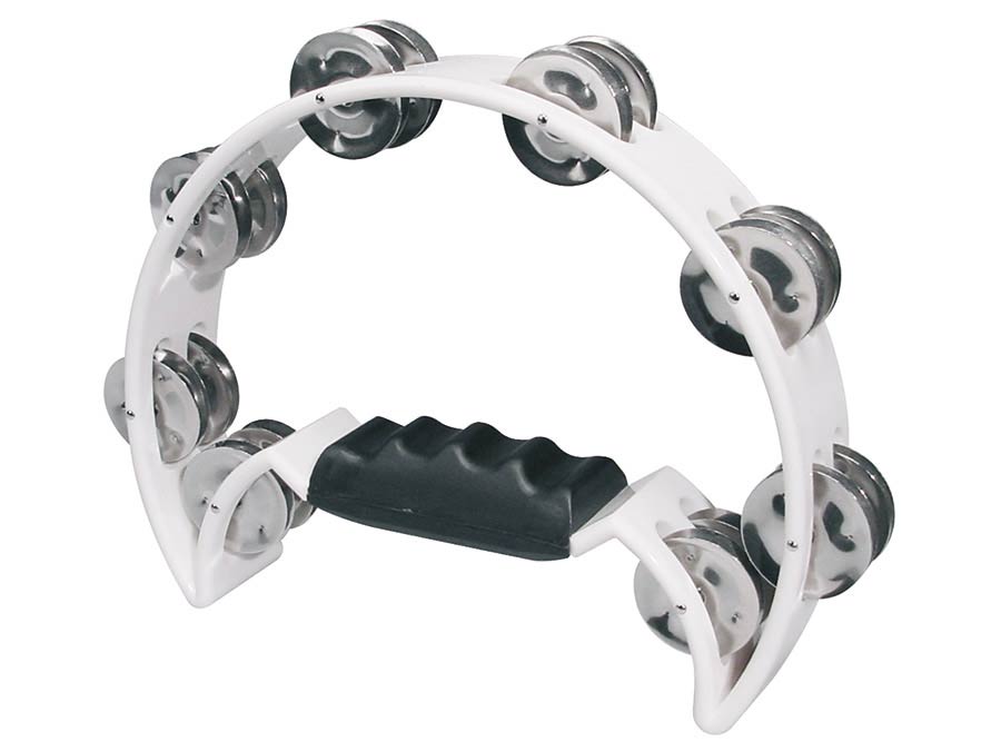 half moon tambourine, no drum head, plastic, white