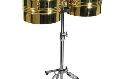 timbales, steel, brass finish, with double stand and cowbell, 13"+ 14"