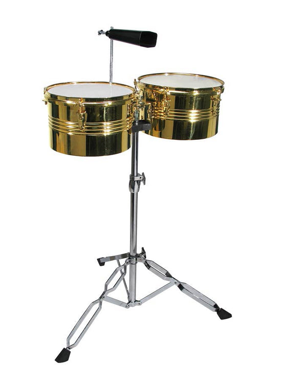 timbales, steel, brass finish, with double stand and cowbell, 13"+ 14"