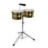 timbales, steel, brass finish, with double stand and cowbell, 13"+ 14"