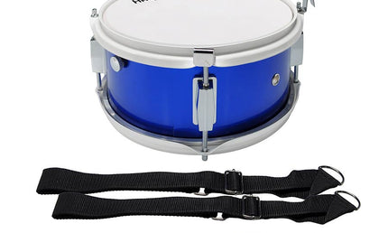 junior marching snare drum, with belt, 10 inch, 5 inch deep, blue with white hardware