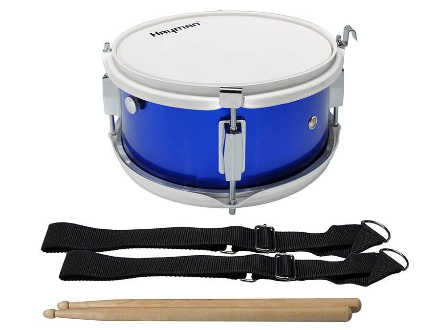 junior marching snare drum, with belt, 10 inch, 5 inch deep, blue with white hardware