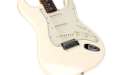 electric guitar 62 vintage style, 3 single coil pickups, vintage trem., vintage white, incl. gig ba