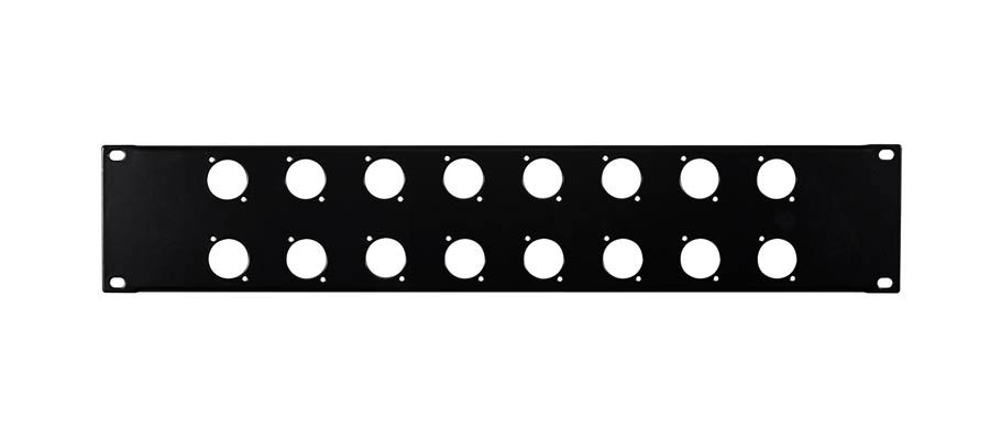 19 inch rack panel, 2 HE, metal, black, rack plate, bended edge, 16x 24mm XLR holes