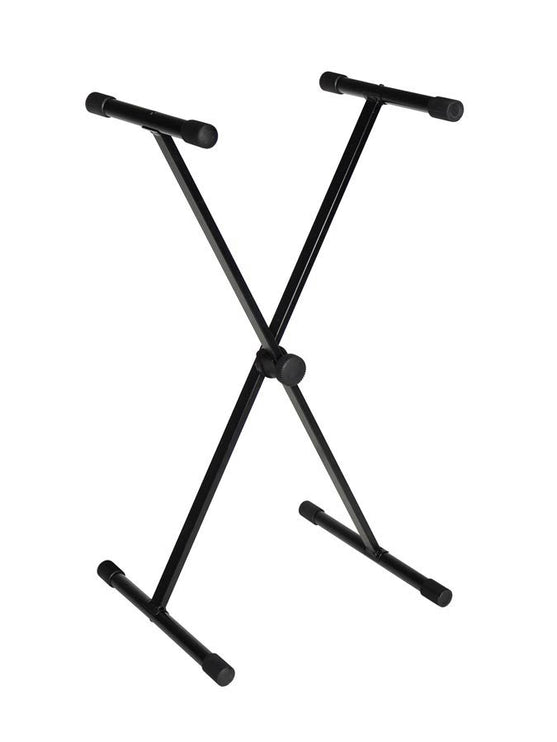 keyboard stand, black, X-model, twist lock, bolt-on tiers, compact packaging