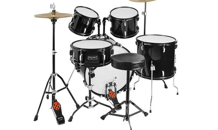 5-piece drum kit, black single braced stands, drum throne, cymbals & sticks, black