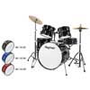 5-piece drum kit, black single braced stands, drum throne, cymbals & sticks, black