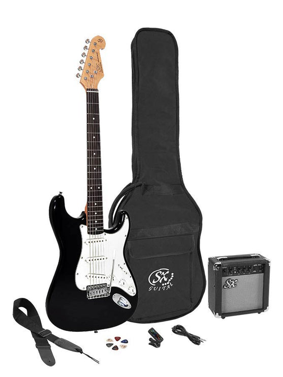 ST style electric guitar pack, 10W amp, bag, tuner, strap, cable & 6 picks,  black