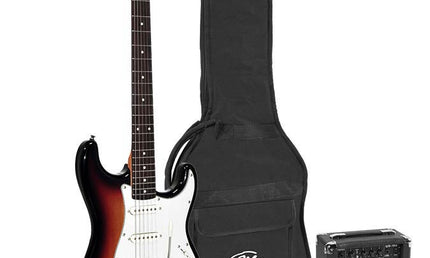 ST style electric guitar pack, 10W amp, bag, tuner, strap, cable & 6 picks, 3 tone sunburst