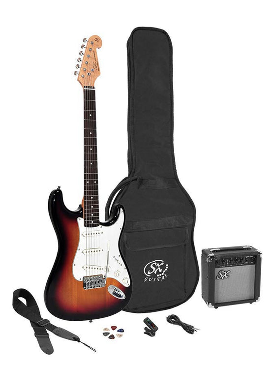 ST style electric guitar pack, 10W amp, bag, tuner, strap, cable & 6 picks, 3 tone sunburst