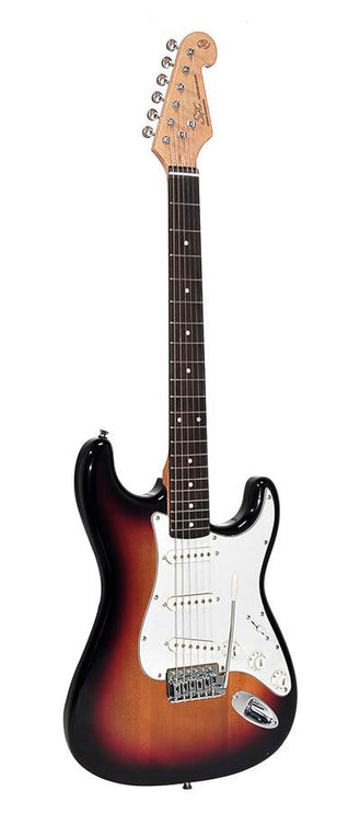 ST style electric guitar pack, 10W amp, bag, tuner, strap, cable & 6 picks, 3 tone sunburst