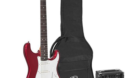 ST style electric guitar pack, 10W amp, bag, tuner, strap, cable & 6 picks,  candy apple red