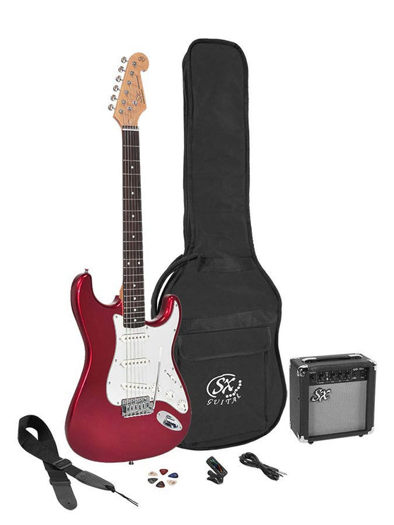 ST style electric guitar pack, 10W amp, bag, tuner, strap, cable & 6 picks,  candy apple red