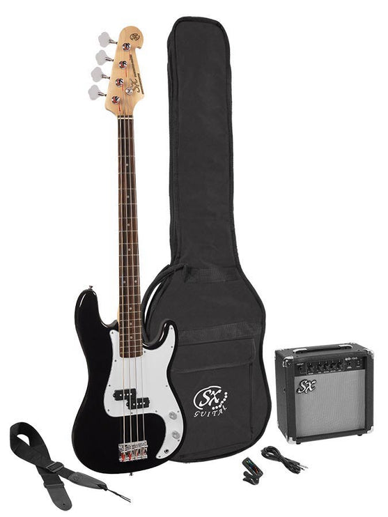 P-style electric bass guitar set, 15W amp, gig bag, tuner, cable, strap & 6 picks, black