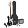 P-style electric bass guitar set, 15W amp, gig bag, tuner, cable, strap & 6 picks, black