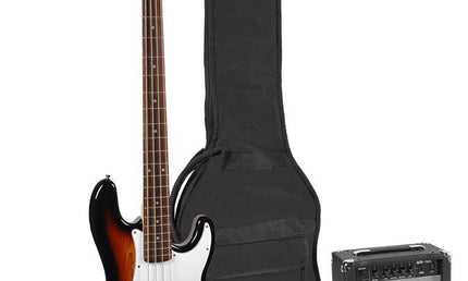 P-style electric bass guitar set, 15W amp, gig bag, tuner, cable, strap & 6 picks, 3 tone sunburst