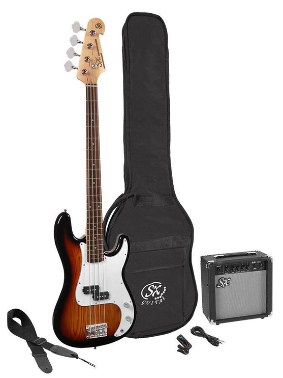 P-style electric bass guitar set, 15W amp, gig bag, tuner, cable, strap & 6 picks, 3 tone sunburst