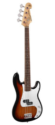 P-style electric bass guitar set, 15W amp, gig bag, tuner, cable, strap & 6 picks, 3 tone sunburst