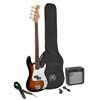 P-style electric bass guitar set, 15W amp, gig bag, tuner, cable, strap & 6 picks, 3 tone sunburst