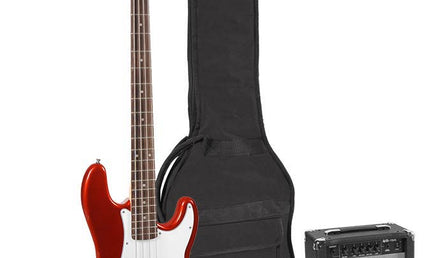 P-style electric bass guitar set, 15W amp, gig bag, tuner, cable, strap & 6 picks, candy apple red