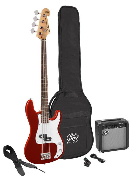 P-style electric bass guitar set, 15W amp, gig bag, tuner, cable, strap & 6 picks, candy apple red