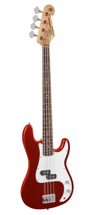 P-style electric bass guitar set, 15W amp, gig bag, tuner, cable, strap & 6 picks, candy apple red