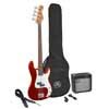 P-style electric bass guitar set, 15W amp, gig bag, tuner, cable, strap & 6 picks, candy apple red