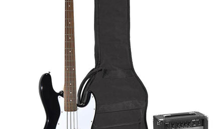 J-style electric bass guitar set, 15W amp, gig bag, tuner, cable, strap & 6 picks, black