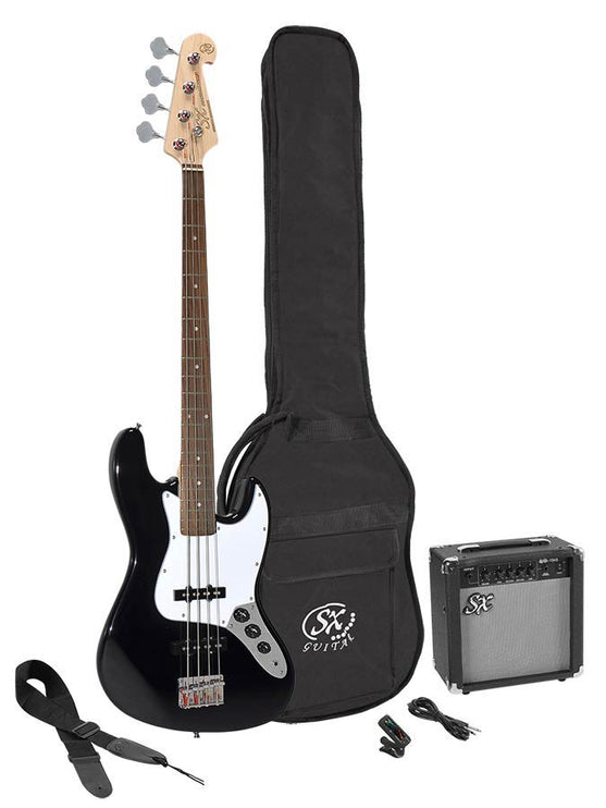 J-style electric bass guitar set, 15W amp, gig bag, tuner, cable, strap & 6 picks, black