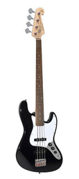 J-style electric bass guitar set, 15W amp, gig bag, tuner, cable, strap & 6 picks, black